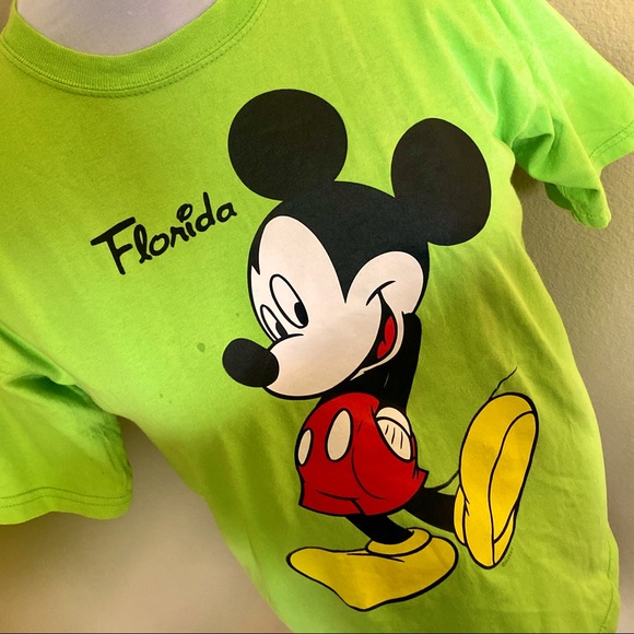 Disney Mickey Mouse Fluorescent Green Cotton Crew Neck Short Sleeve Graphic Tee - Picture 2 of 8